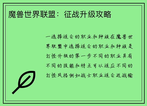 魔兽世界联盟：征战升级攻略